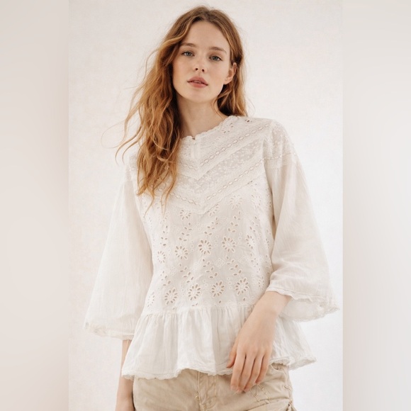 Zara Tops - ZARA White Eyelet Lace Blouse | Long Sleeve Peplum Top | Size Large